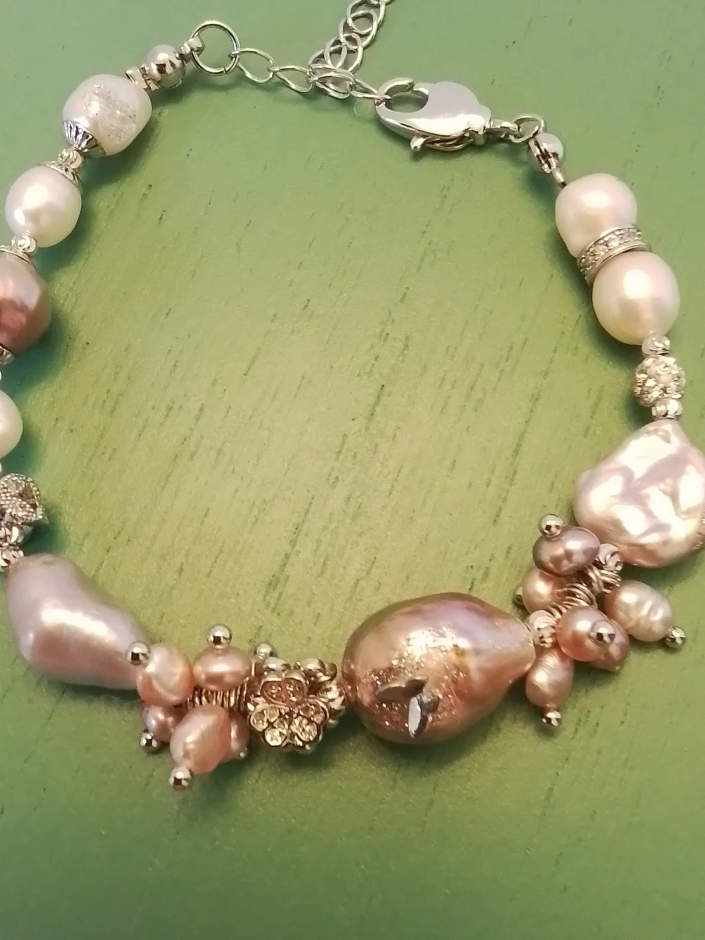 Freshwater Pearl and Crystal Accent Bracelet - Pink Pearlescent